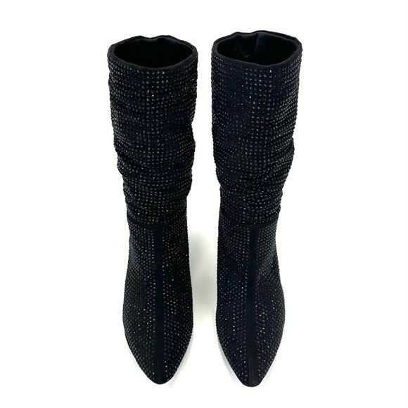 Report Cache Black Boot Size 10 Embellished Pleated/Slouchy Almond Toe Cone Heel - Picture 3 of 9